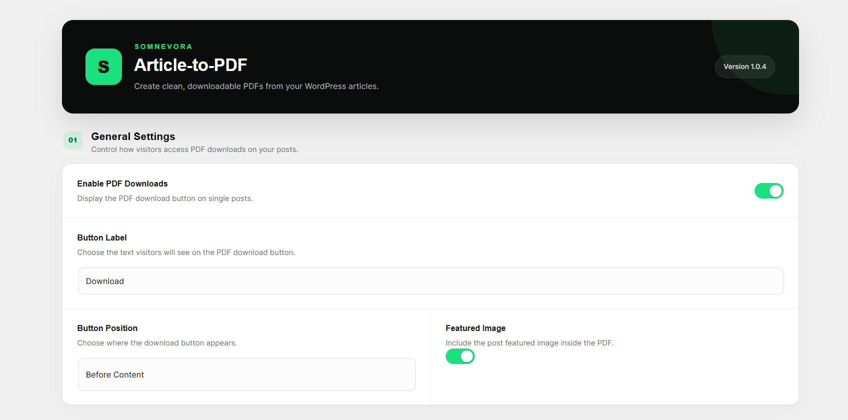 Complete SOMNEVORA Article-to-PDF settings interface.