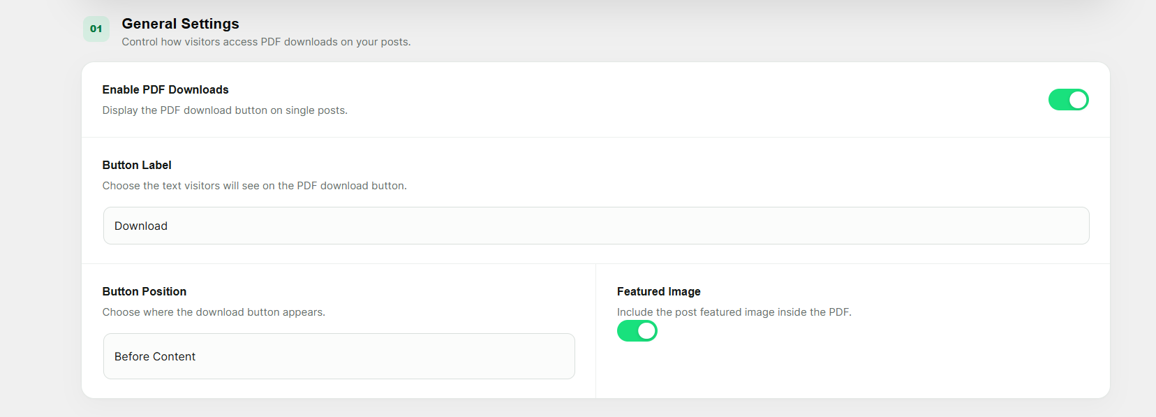 General settings for PDF downloads, button label, button position, and featured images.