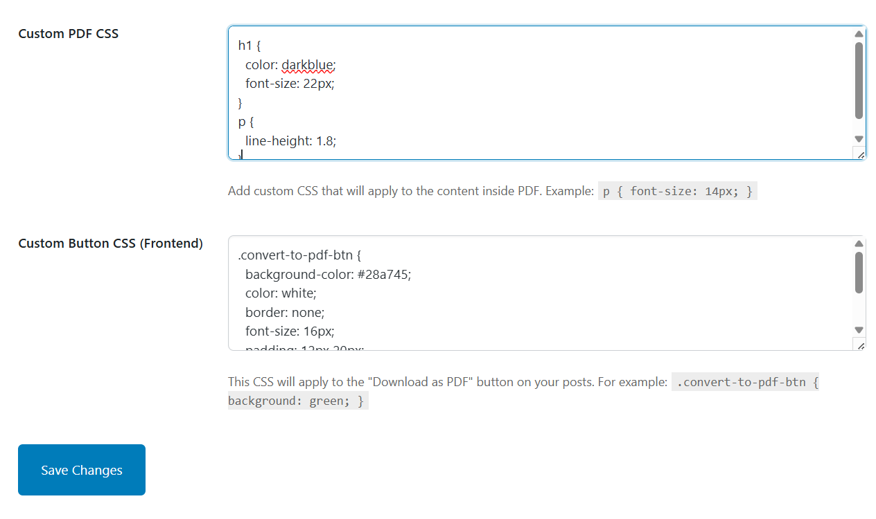 Download as PDF button visible on frontend post (with styling applied).