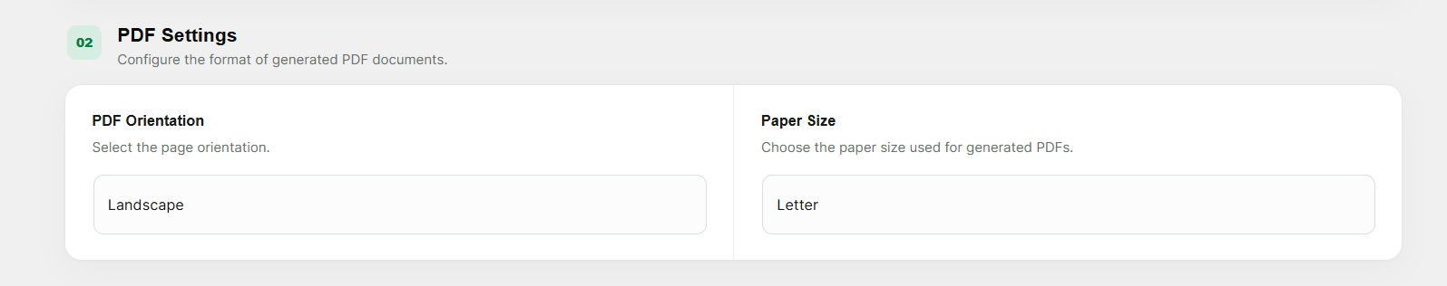 PDF settings for page orientation and paper size.