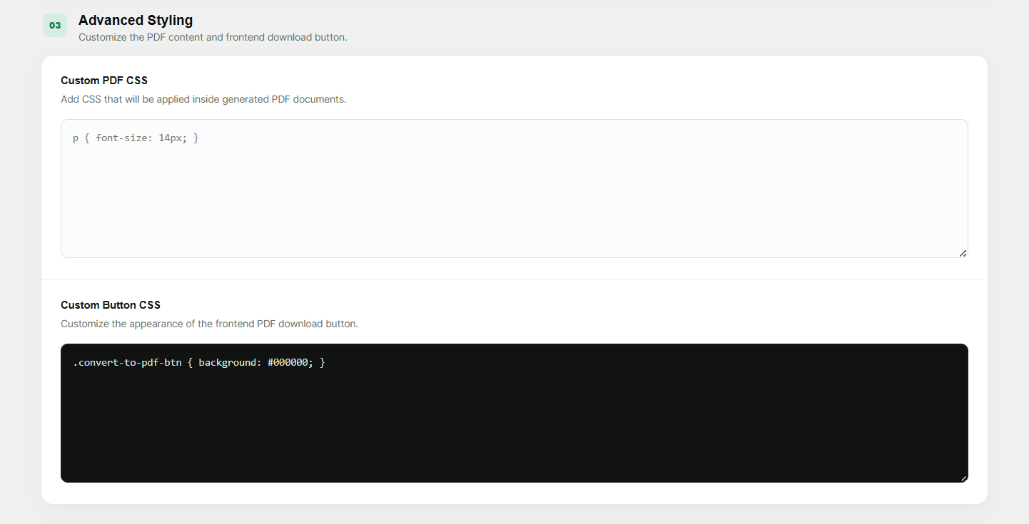 Advanced styling controls for PDF content and the frontend download button.