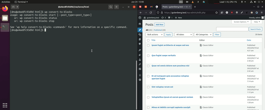 Bulk migration using the wp convert-to-blocks start WP-CLI command that converts posts iteratively in the browser without requireing any manual input.