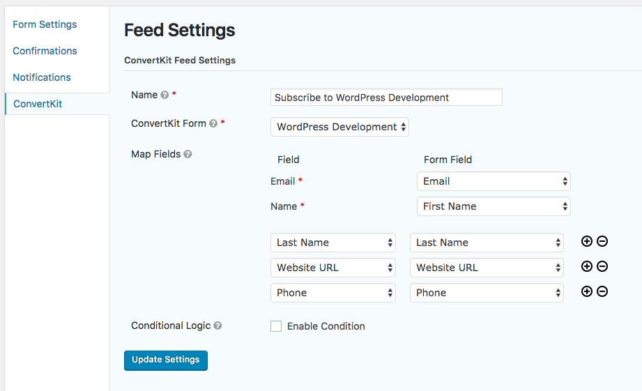 Gravity Forms ConvertKit Settings