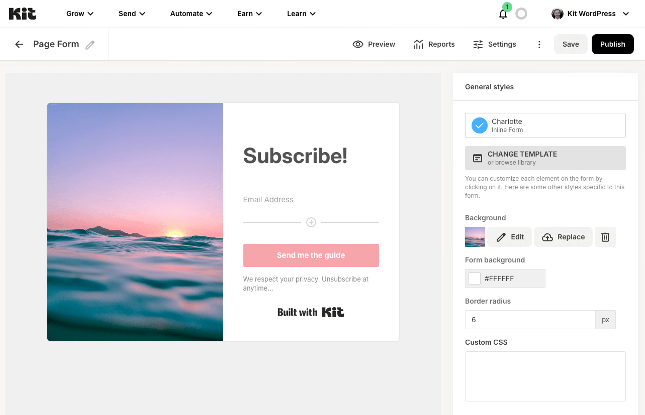 Create and customize stunning email subscription forms and landing pages in Kit