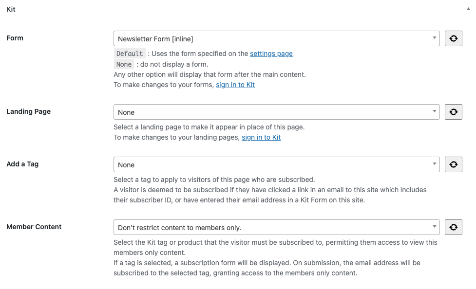 Configure a specific Kit form to display on a specific Page or Post