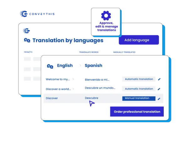 <strong>Manage translations</strong> – Review, edit, and manage automatic and manual translations directly from your dashboard.