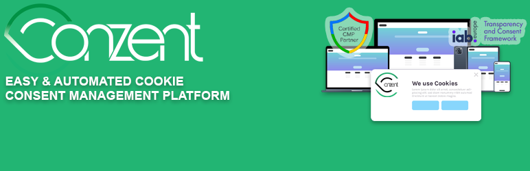 WordPress 外掛 Conzent – Cookie Banner – Conzent CMP – Google CMP & IAB TCF Certified 的封面圖片。