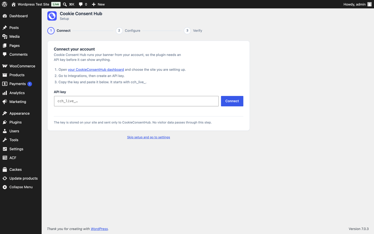 Setup, step one — connecting your account with an API key