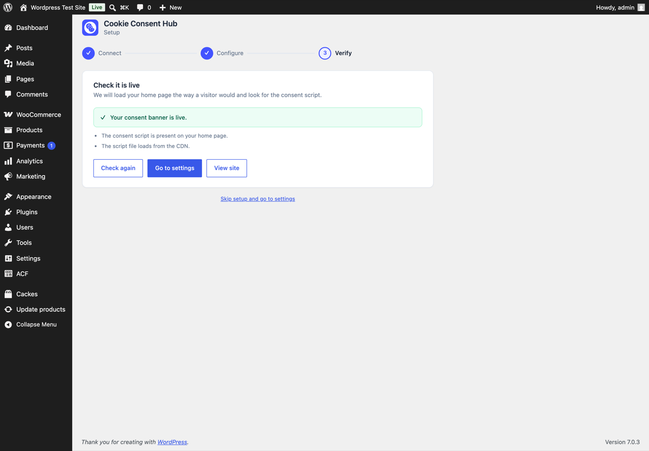 Setup, step three — confirming the banner is live on your site