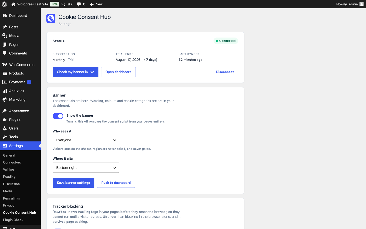 The settings screen once connected, with subscription and sync status