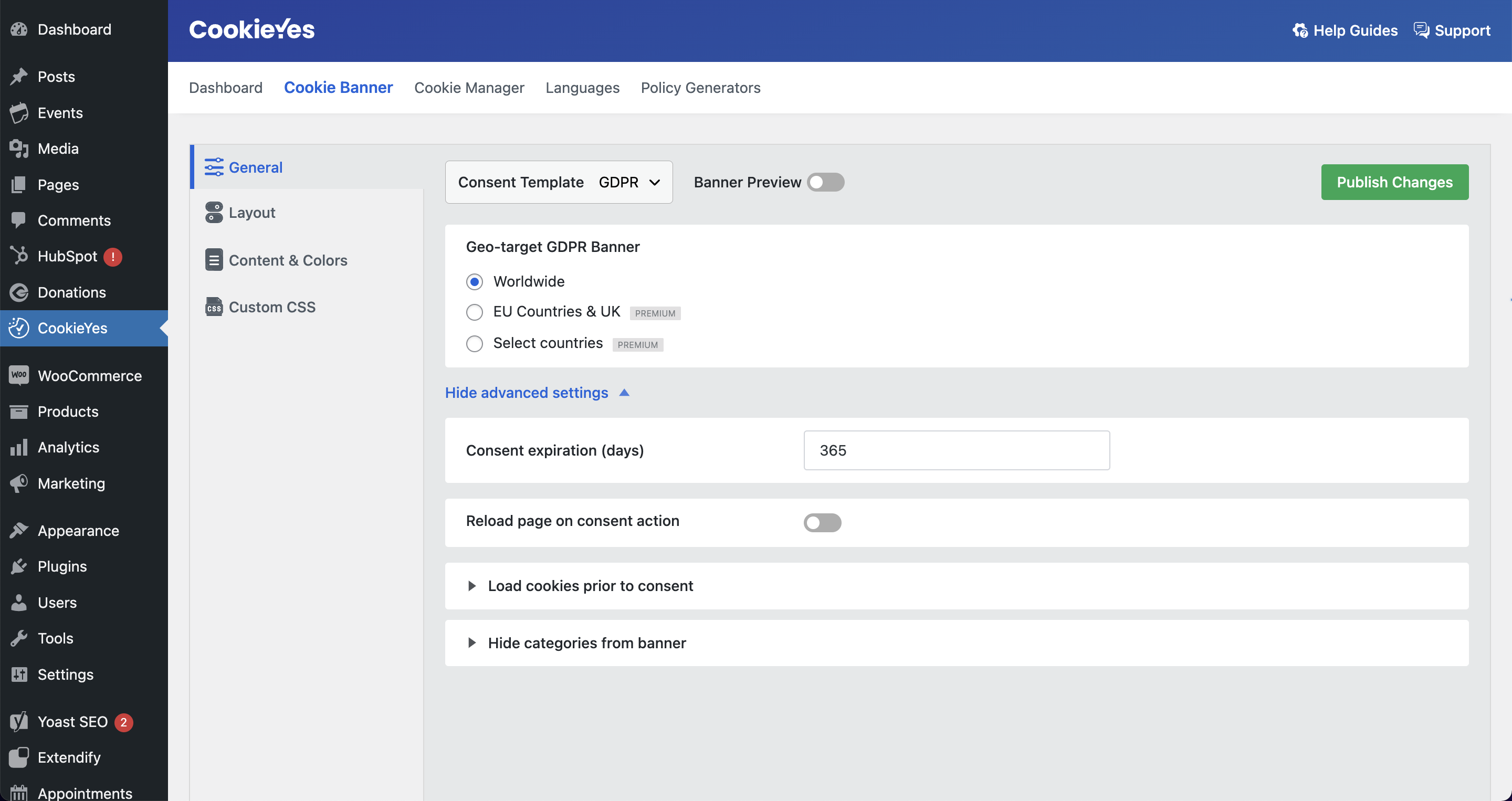 Cookie banner settings for cookie compliance