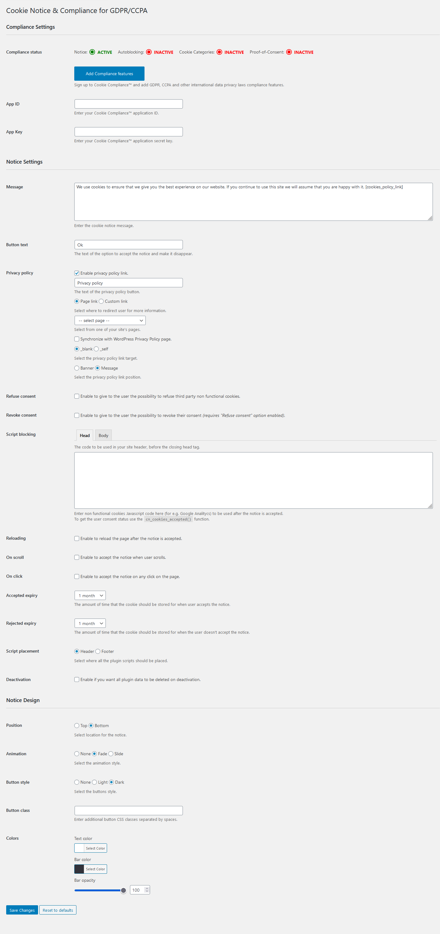 Cookie Notice settings, Compliance itegration inactive