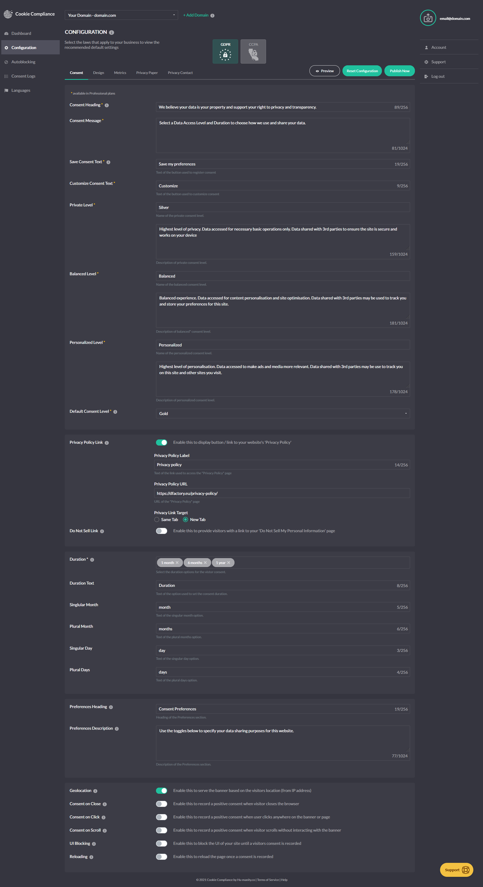 Cookie Compliance settings