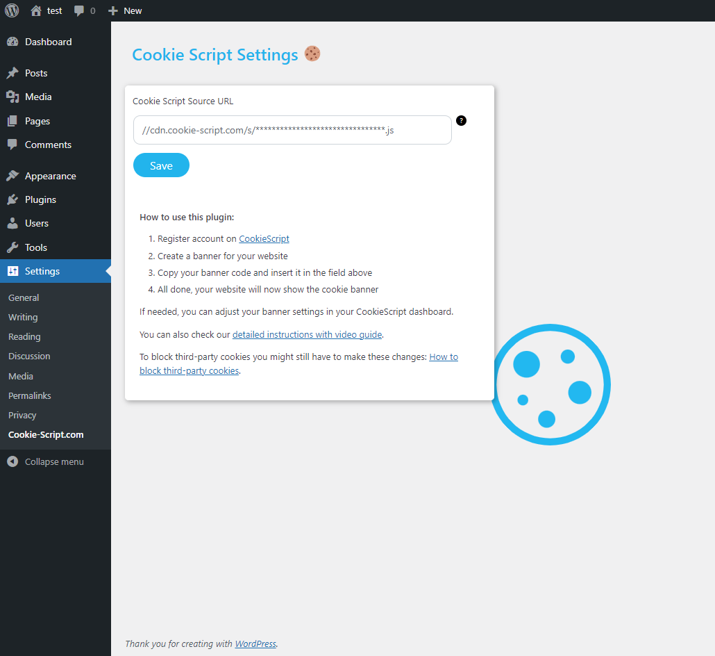 Cookie-Script.com plugin settings page