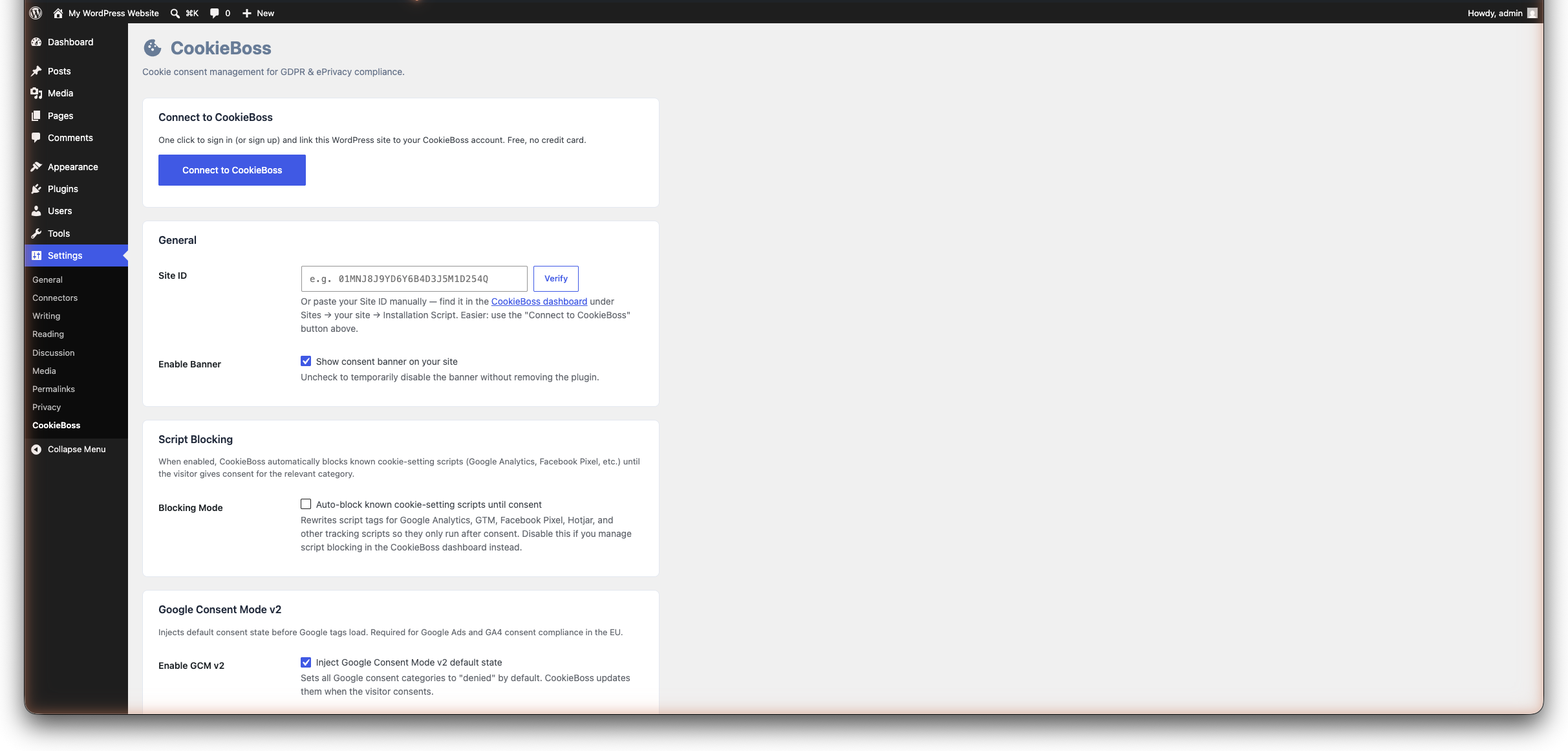 Settings page in WordPress admin — General settings