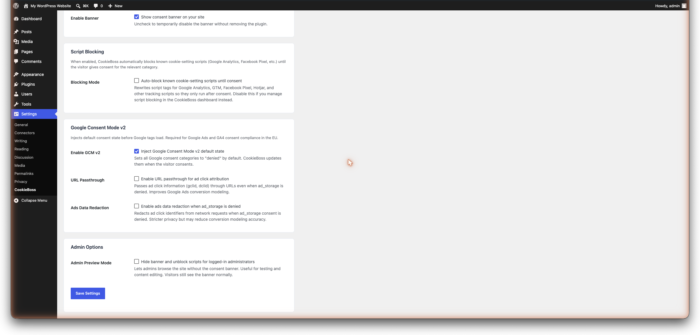 Settings page — Script blocking and Google Consent Mode v2 options