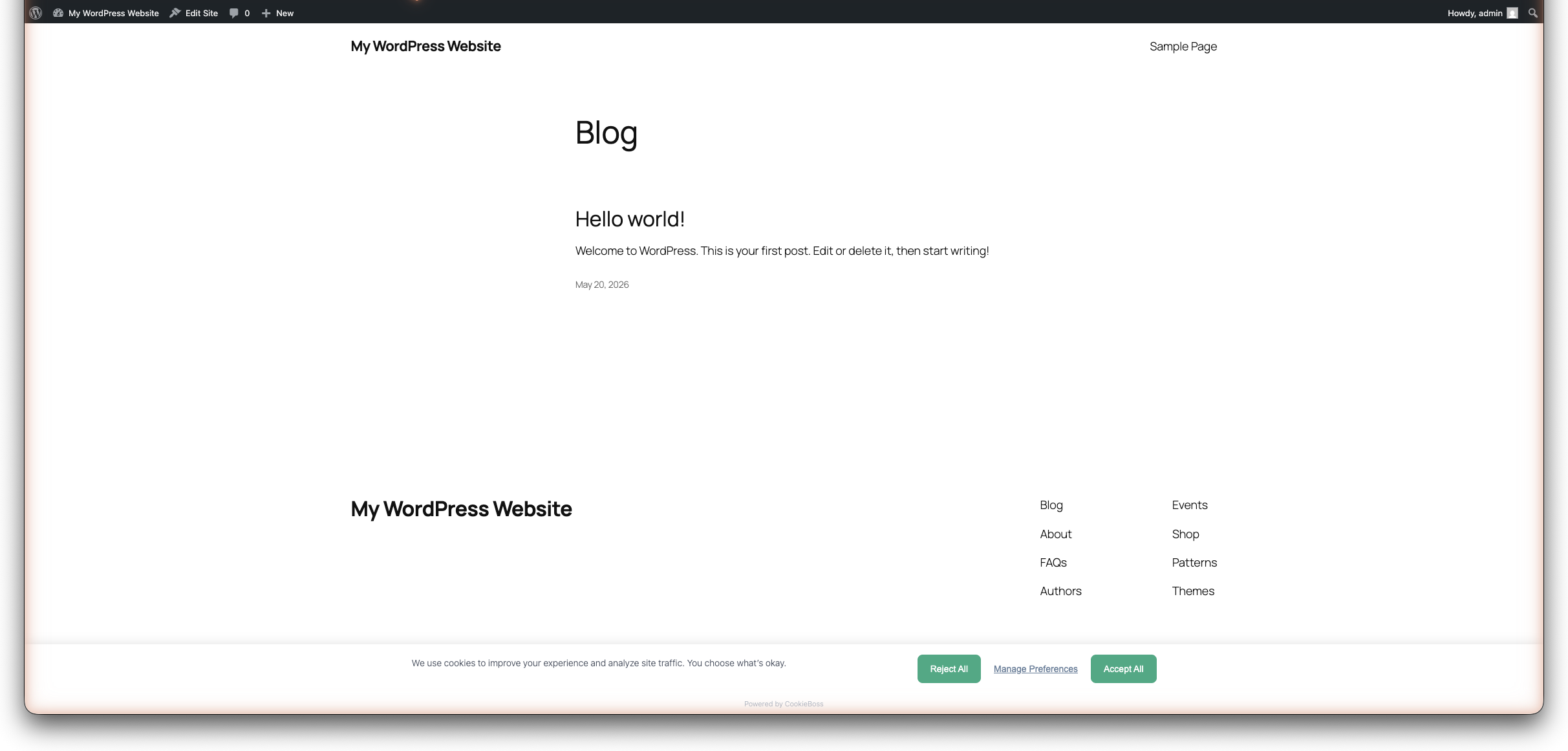 Cookie consent banner on the frontend (bottom bar layout)
