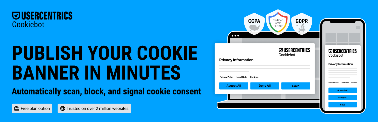 WordPress 外掛 Usercentrics Cookiebot – Cookie Banner & Privacy Compliance for GDPR/CCPA/Google Consent Mode 的封面圖片。
