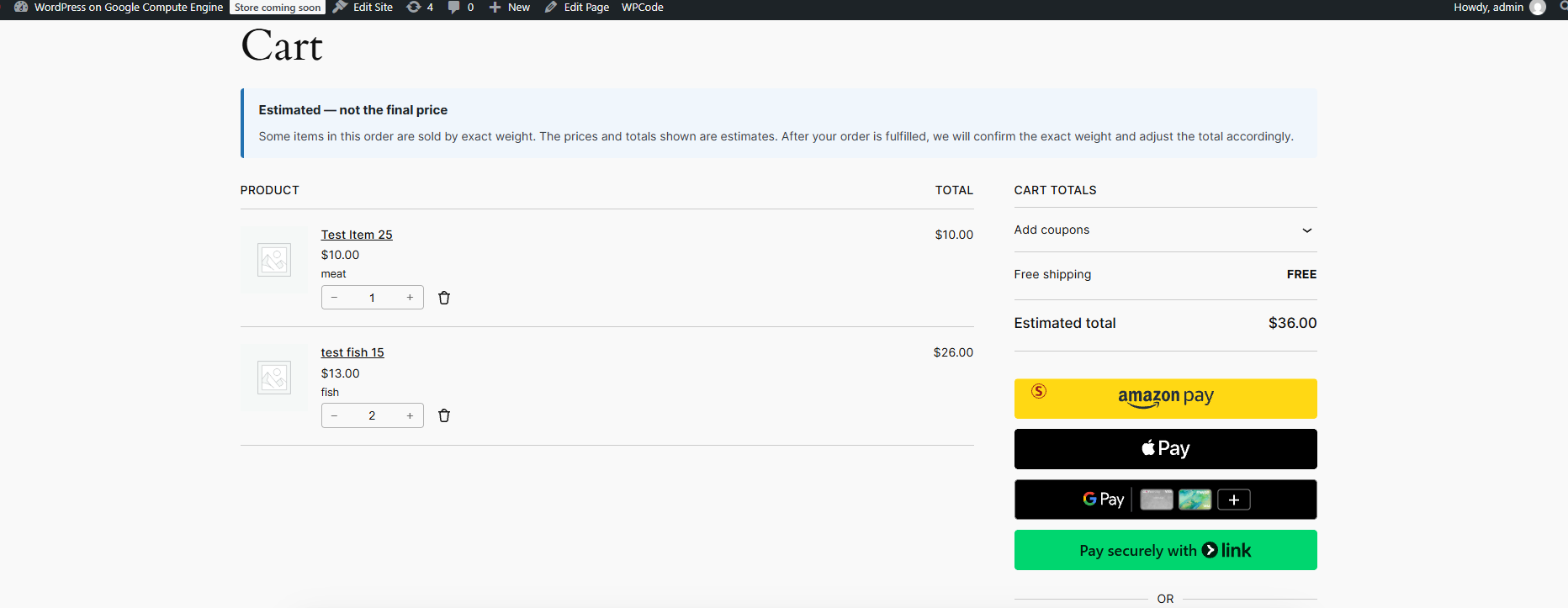 Cart showing "Estimated:" totals and the notice.