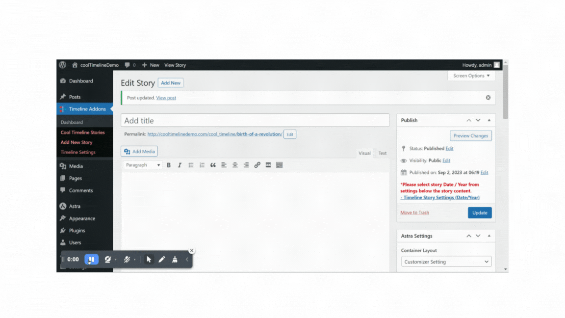 WordPress Timeline plugin frontend view.