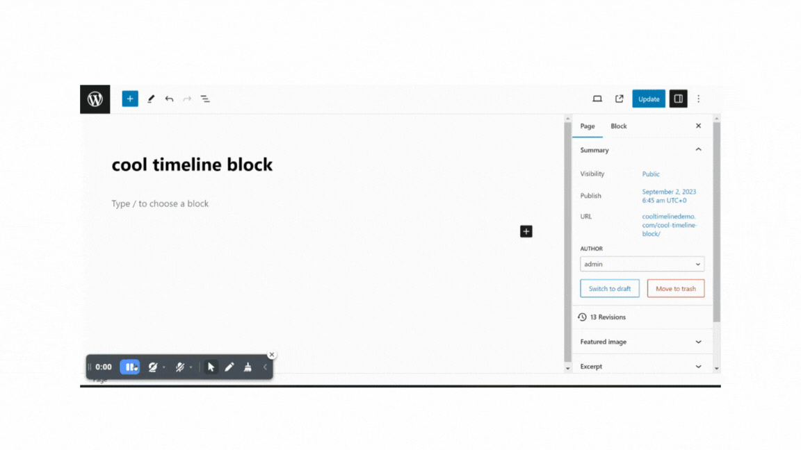 Timeline Block for Gutenberg story preview.