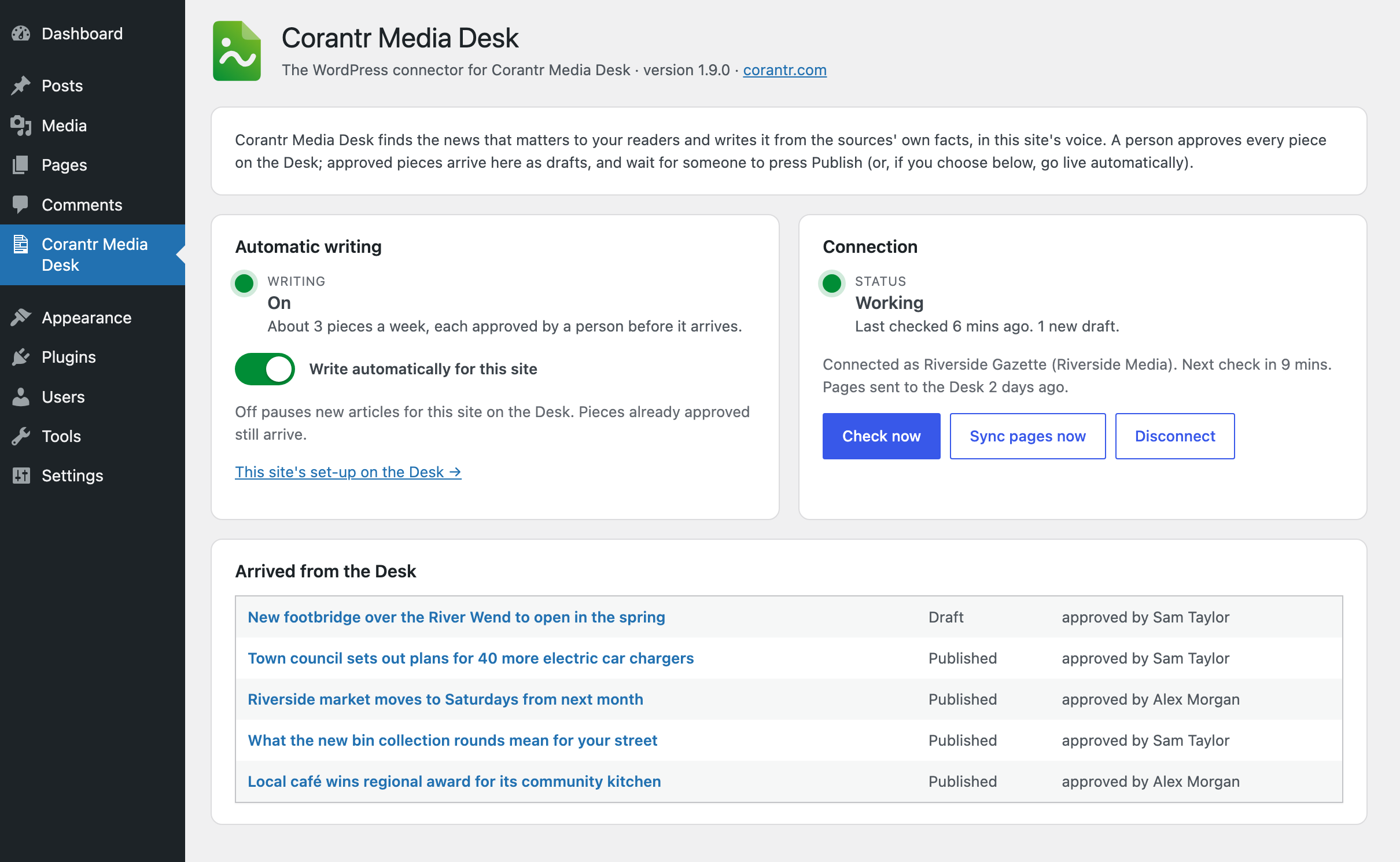 The Corantr Media Desk screen: the connection and automatic writing, with their traffic lights, and the pieces that have arrived.