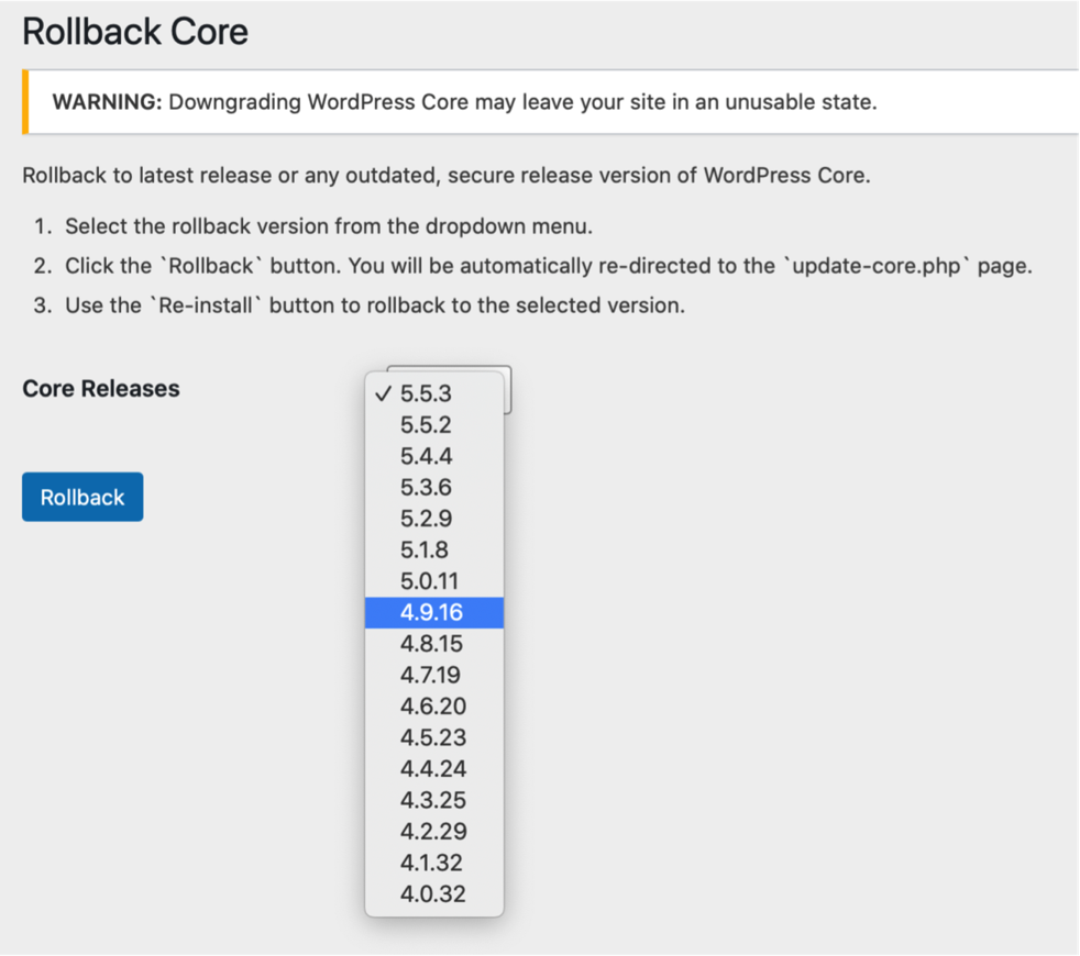 Rollback Core action dropdown