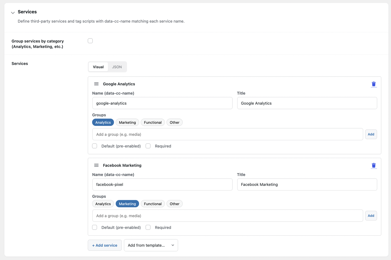 Define the services you use in a visual editor — one-click templates for common trackers, no code required.