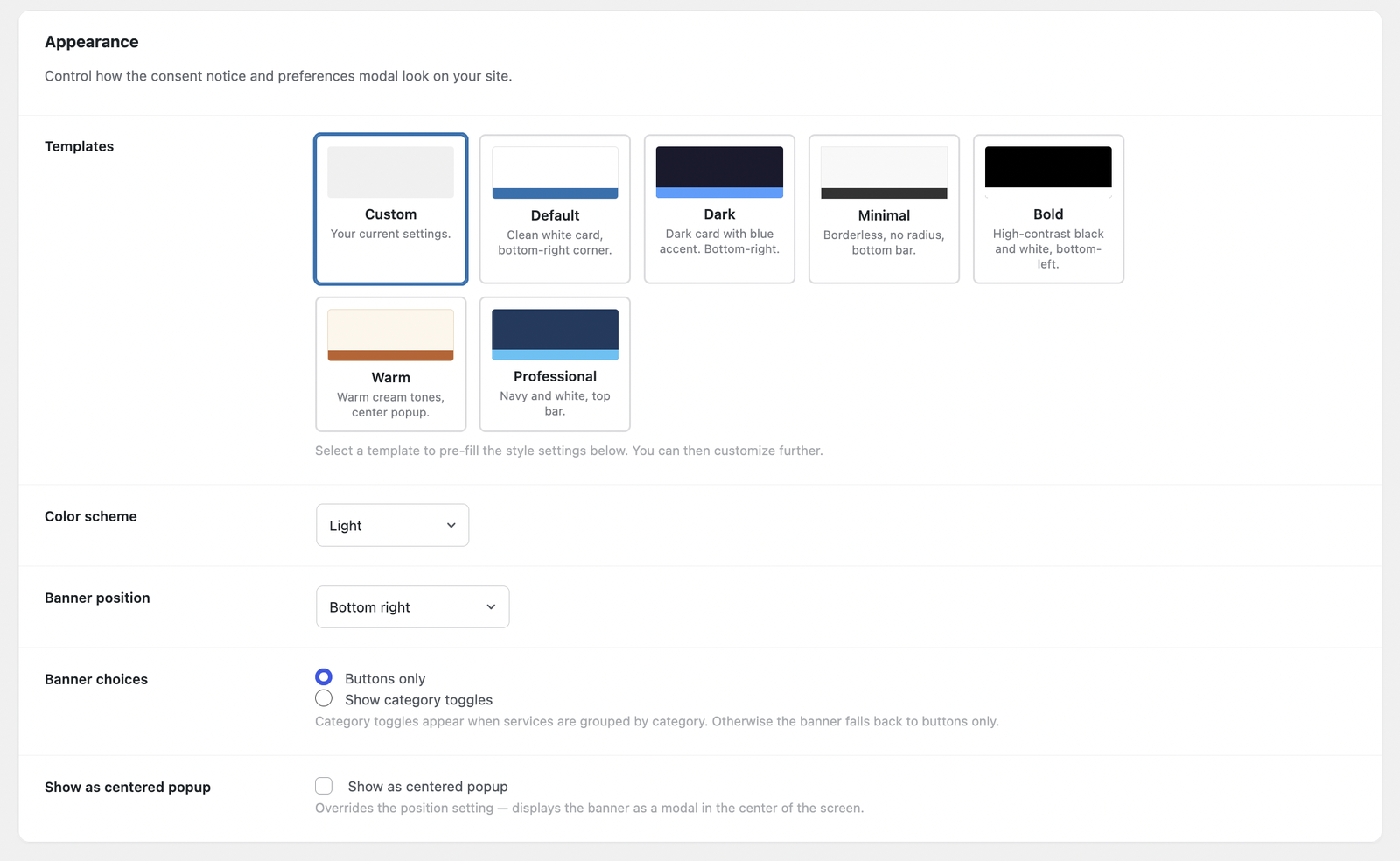 Pick a style template and go: seven built-in looks, plus light/dark scheme and banner position.
