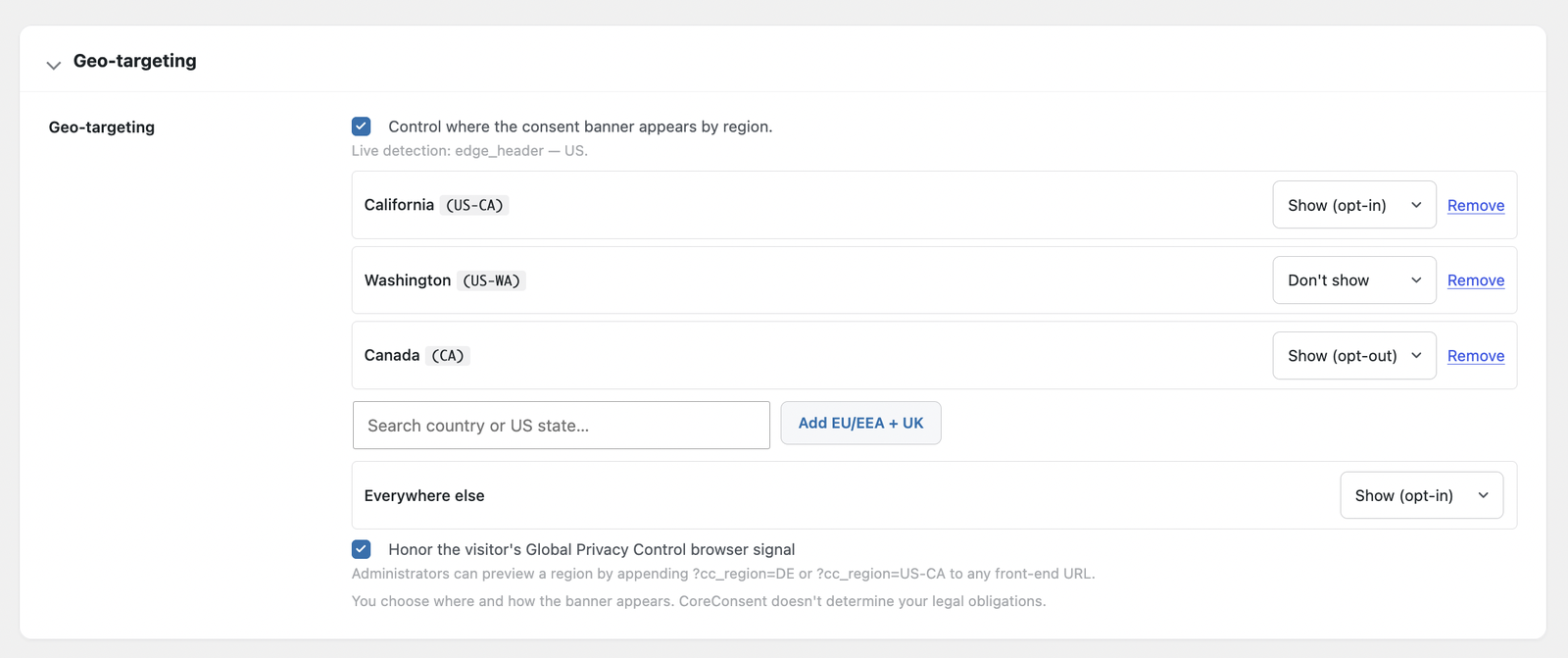 Region rules — show or adjust the banner by country or US state, with Global Privacy Control support.