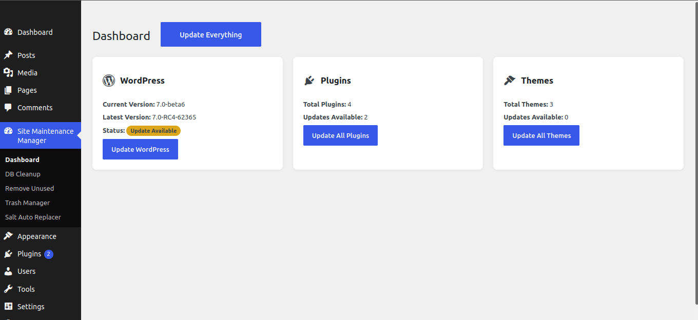 Dashboard to update WordPress, plugins, and themes.