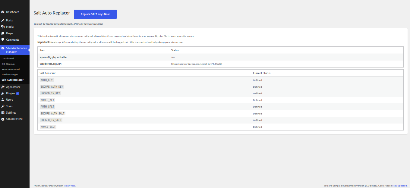 Regenerate WordPress security salt keys from the admin.