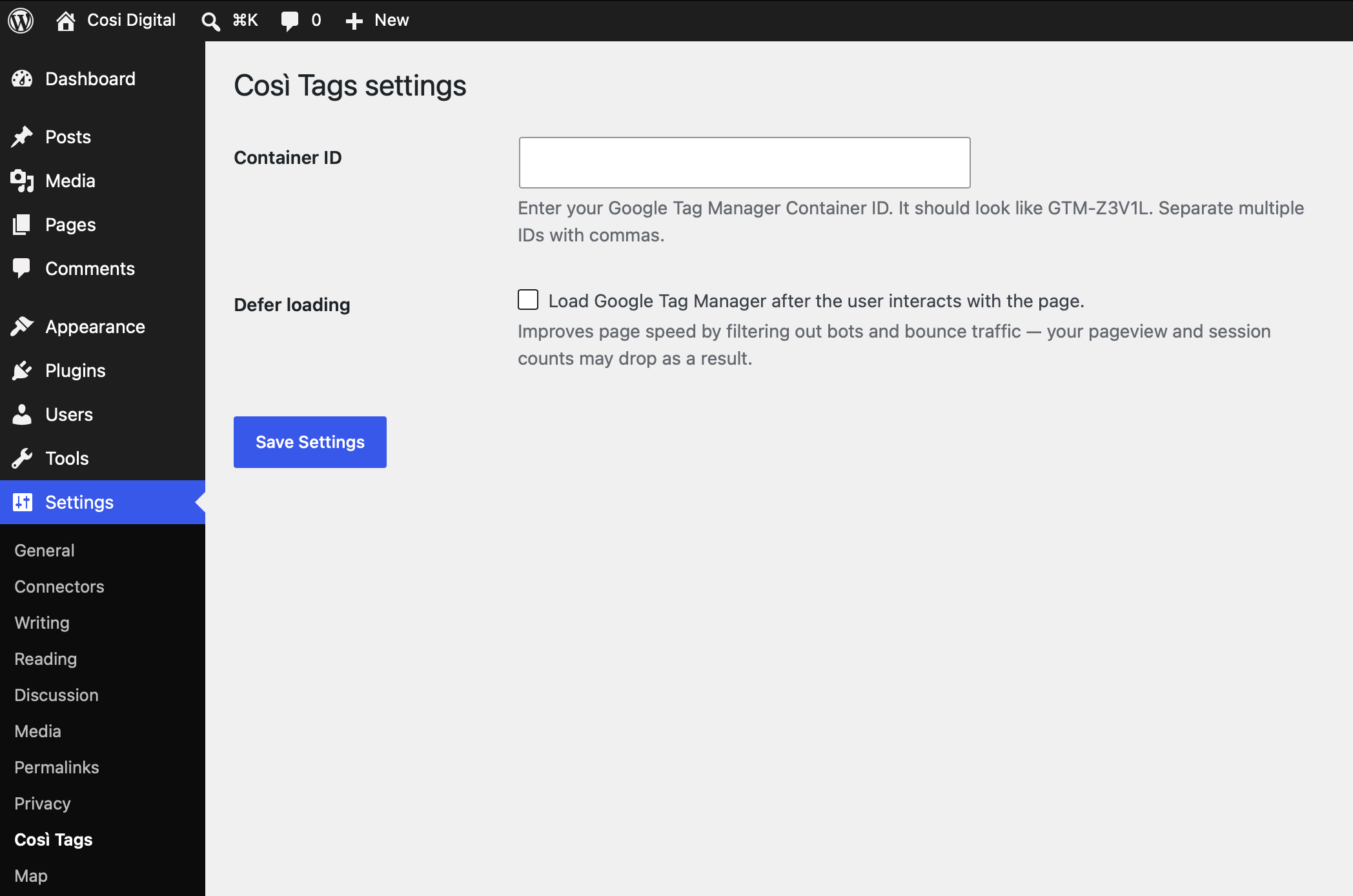 Così Tags admin settings screen.