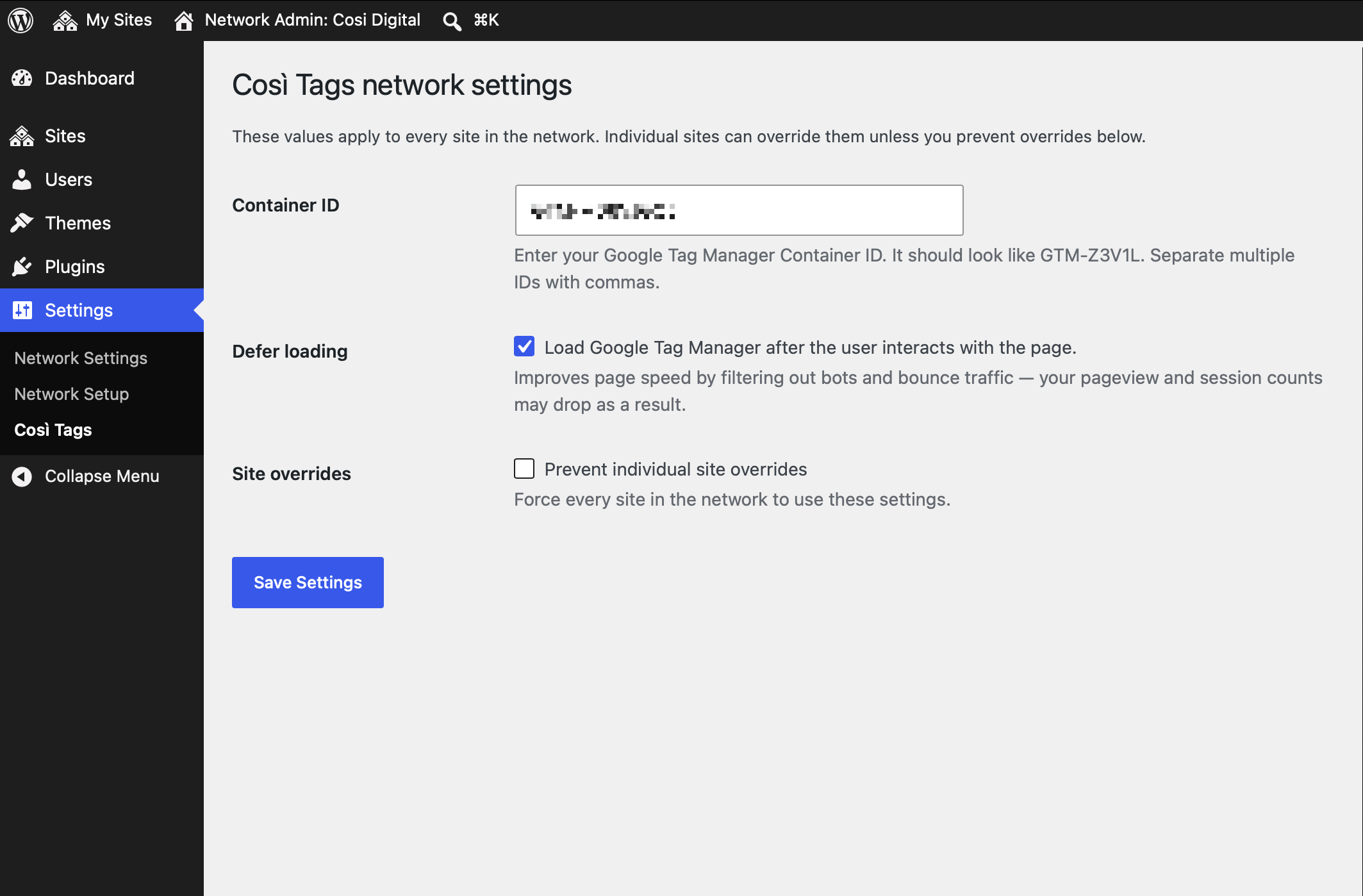 Così Tags network/multisite settings screen.