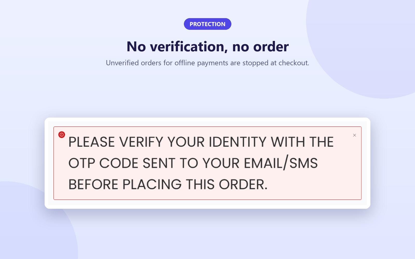 Checkout error asking the customer to verify the OTP before placing the order