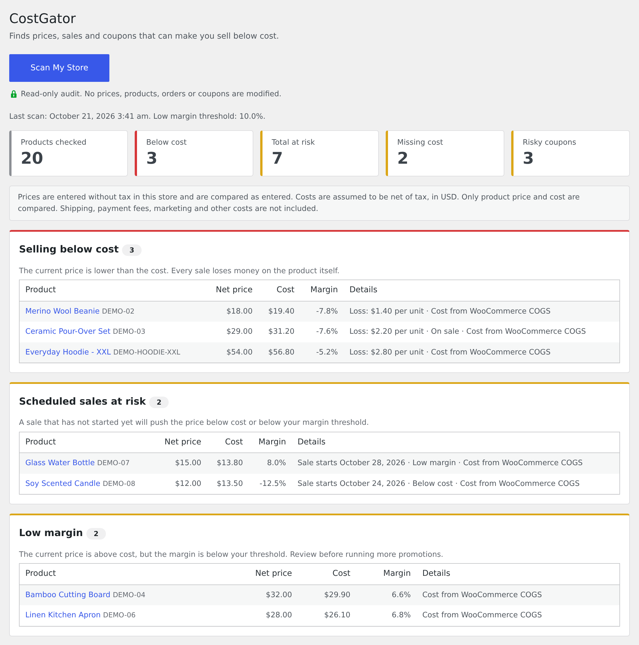 Scan results: products selling below cost, scheduled sales at risk and low margin products.