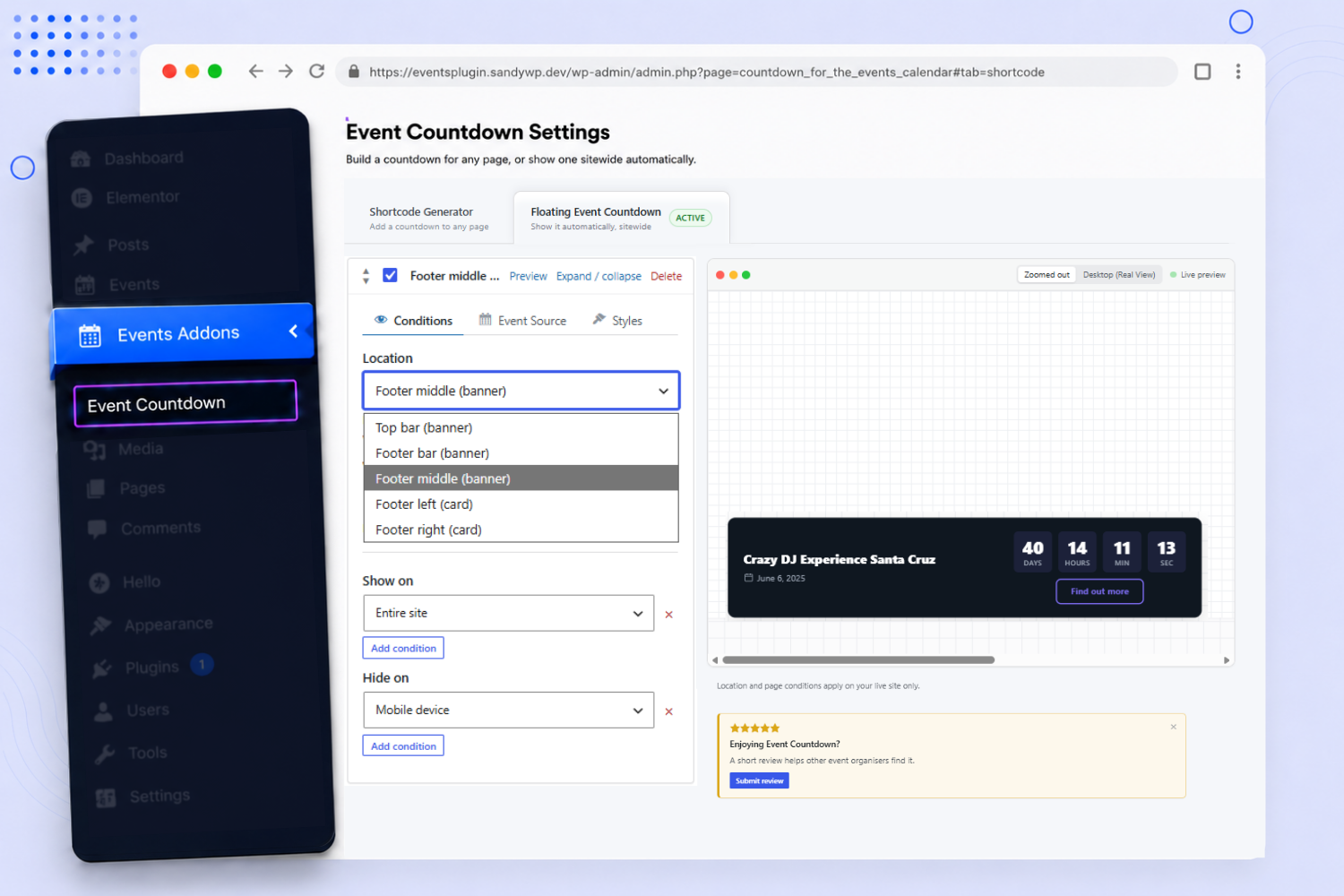 Event Countdown Gutenberg block, with all its controls in the block sidebar.