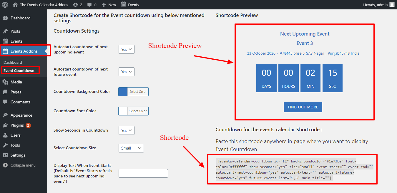 Countdown for The Events Calendar generate shortcode.