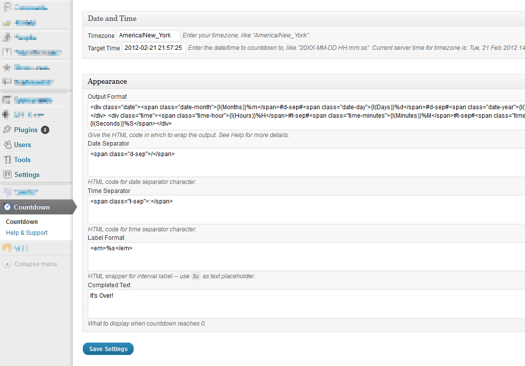Admin options page with templates, placeholders