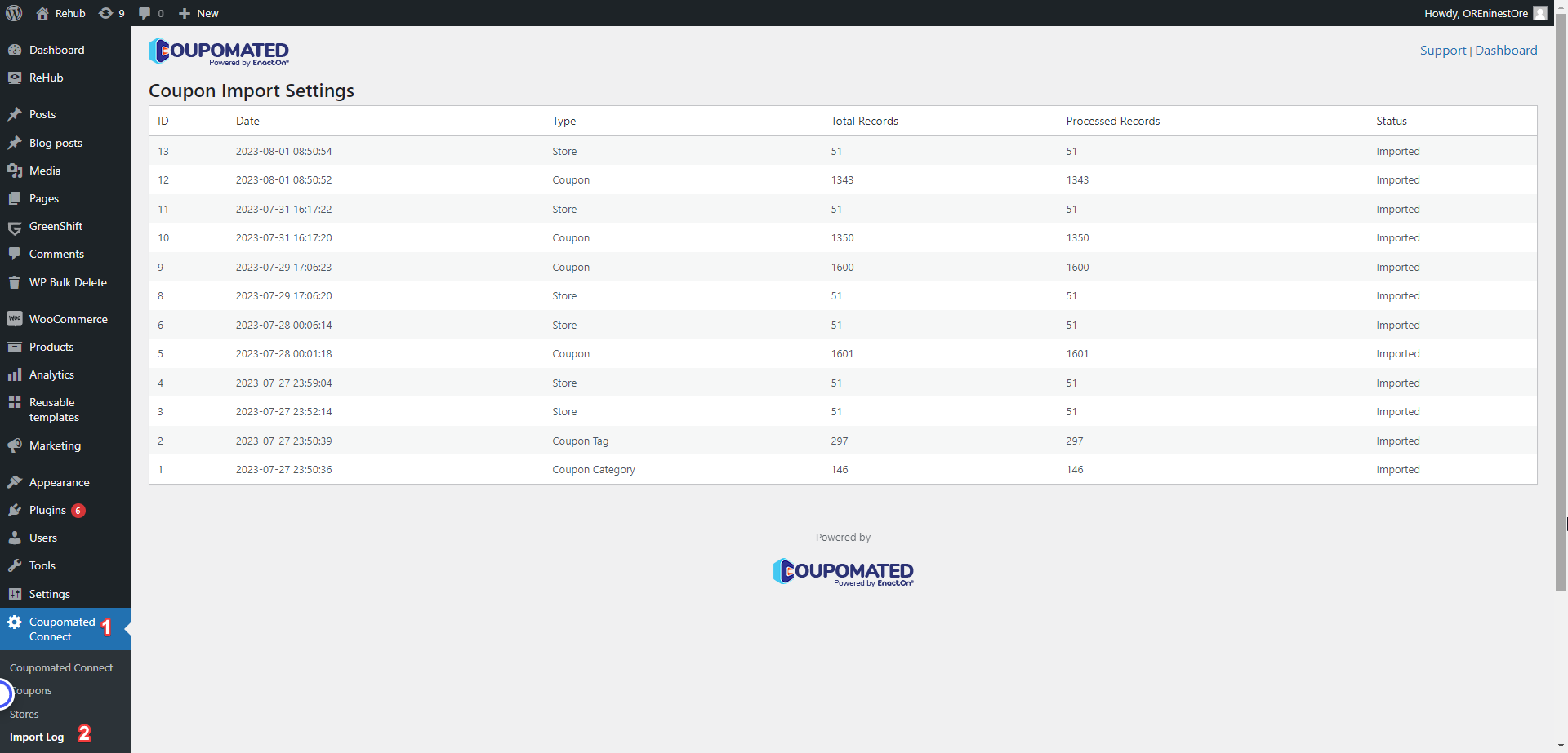 Coupon API Import History Log