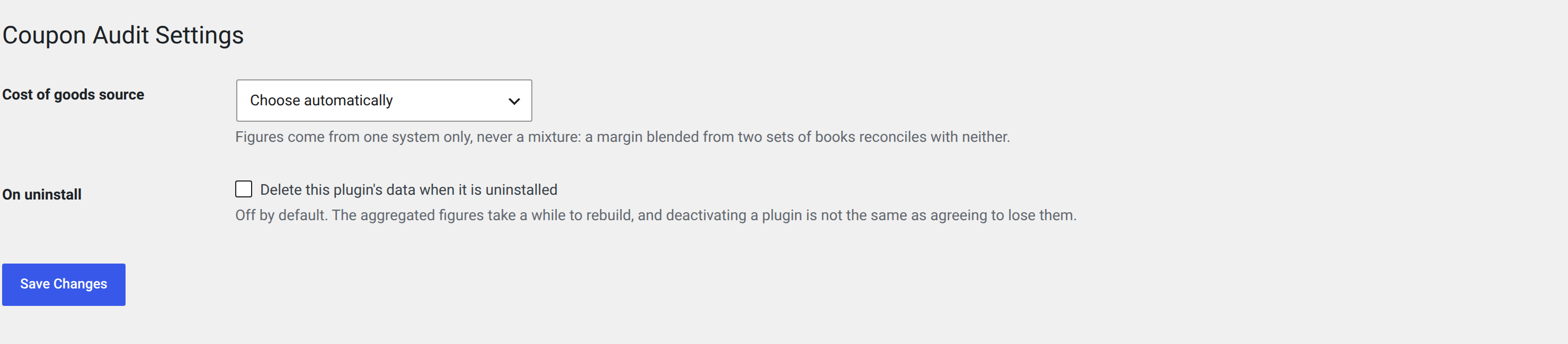Settings: which cost-of-goods system to read, and whether uninstalling should take the data with it.