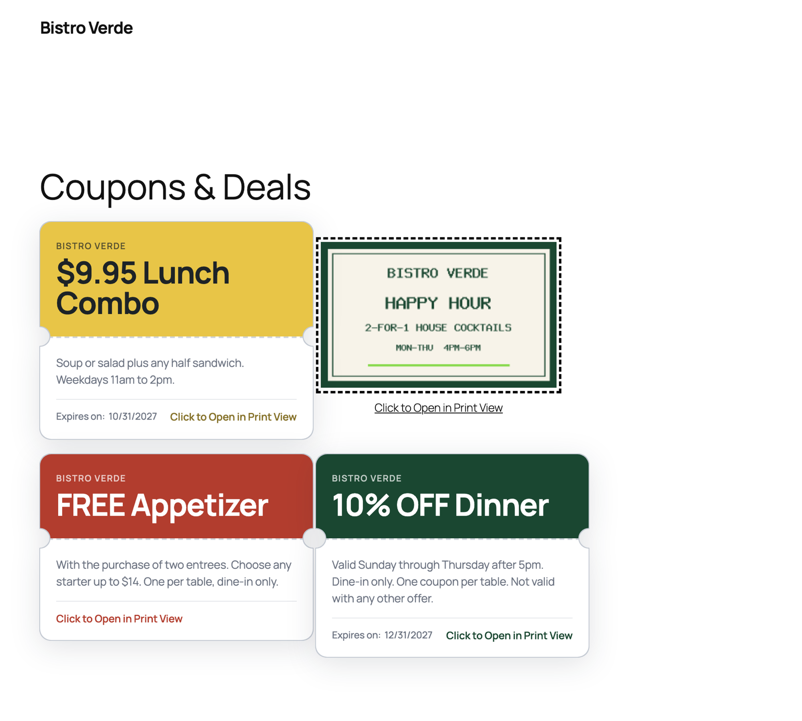 Coupons displayed on a page