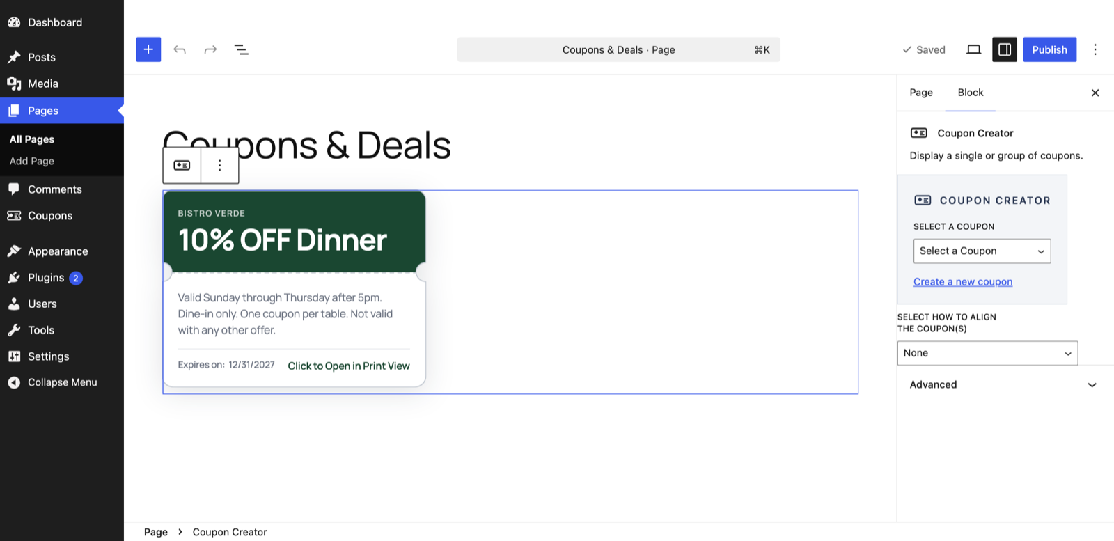 The Coupon Creator block in the editor