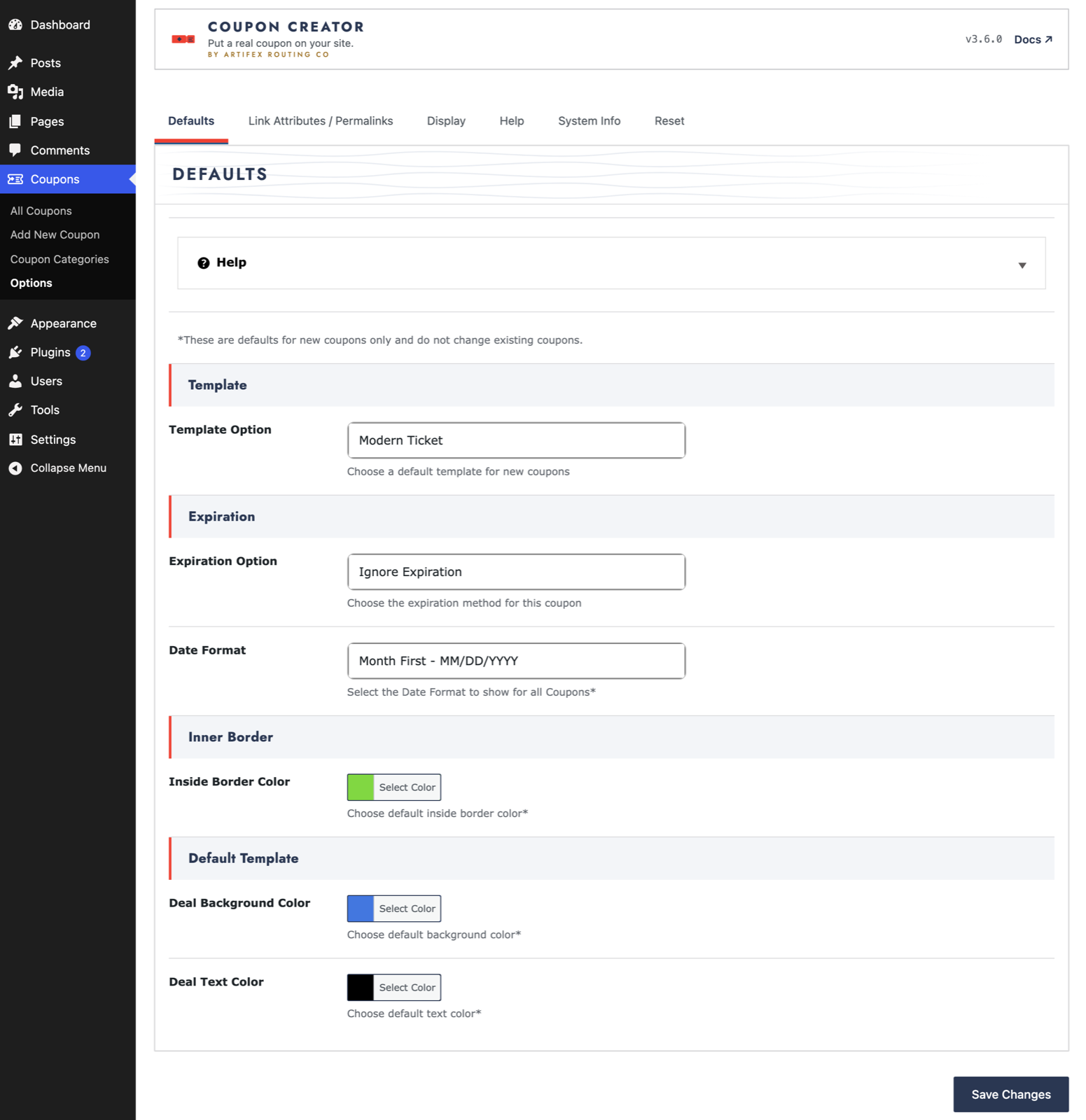 Coupon Creator options