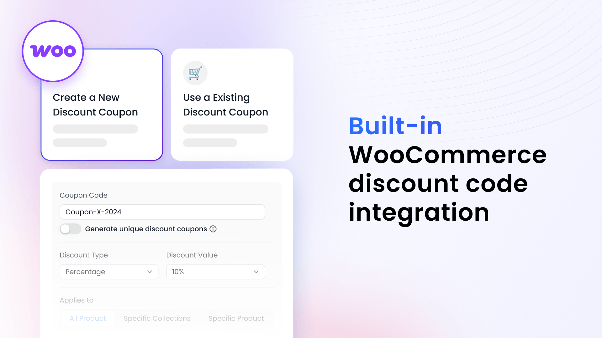 Built-in WooCommerce discount code integration that lets you create or use existing coupons directly in your popup creation flow.