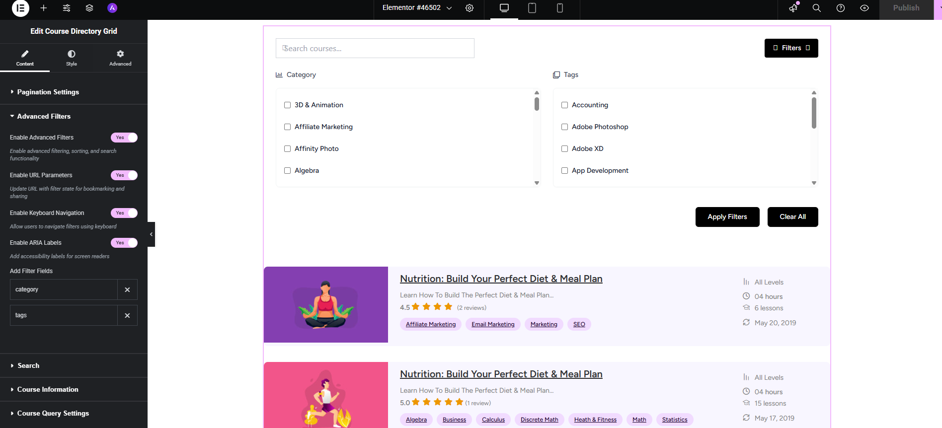 Course Categories Grid Widget Configuration