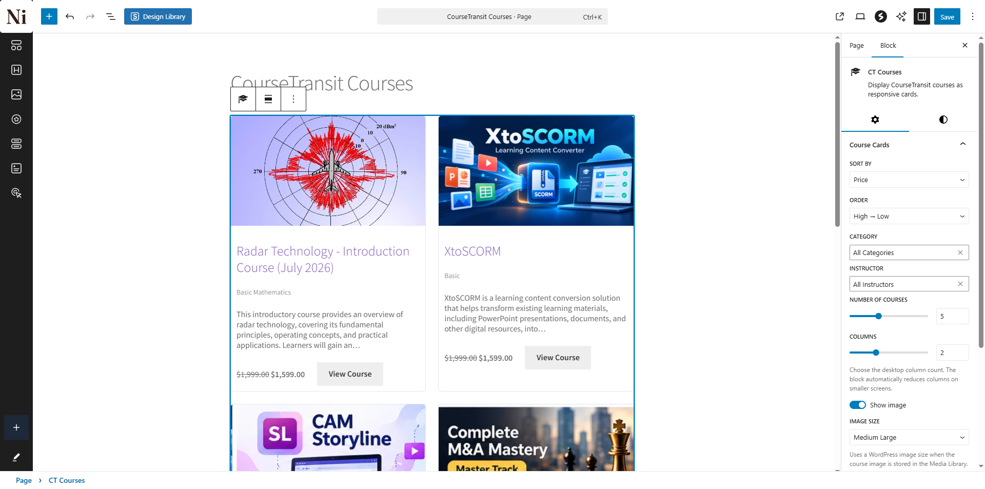 Add the CT Courses block to any page and configure sorting, category, instructor, columns, and image options from the block settings.