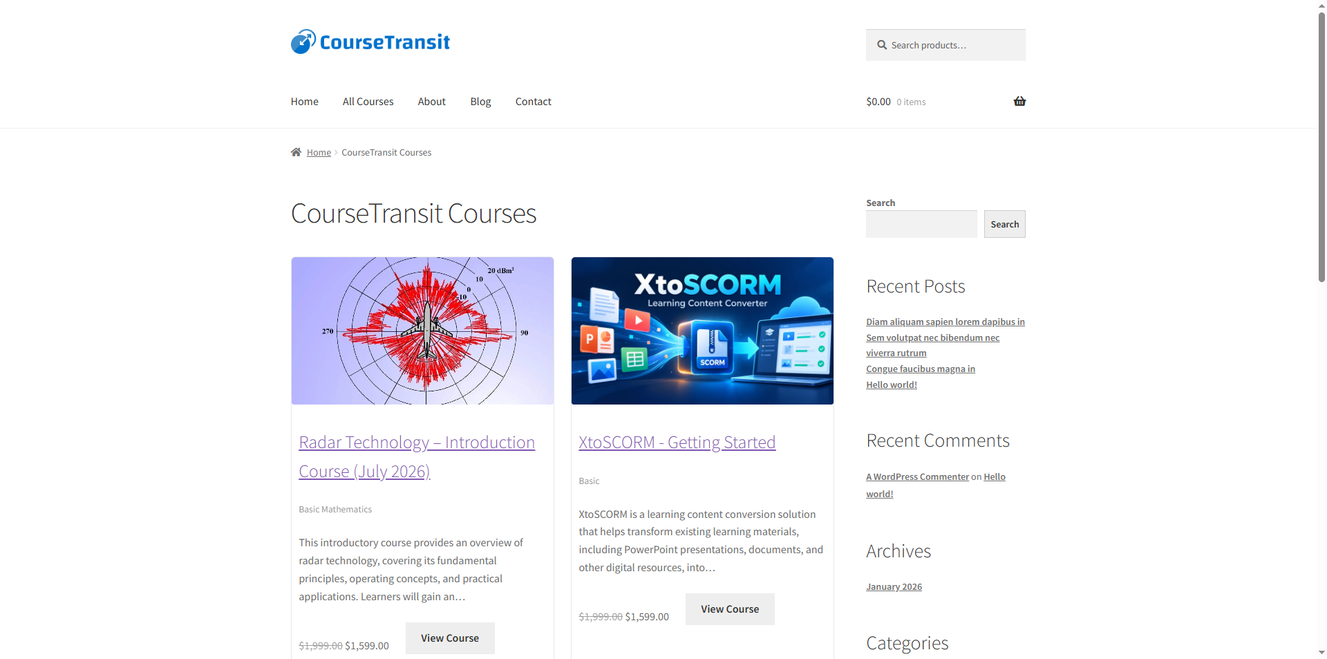 CourseTransit course cards rendered on the live site, showing pricing and a direct link to each course.