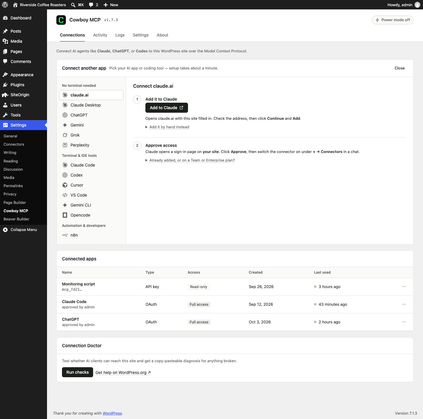 Connections tab - pick your AI tool (claude.ai, ChatGPT, Gemini, Grok, Perplexity, Claude Code, Codex, Cursor, VS Code, n8n, and more): one click adds the site to Claude or opens the other AI apps with your link copied, terminal tools get a ready-made command, and every app then signs in through your browser. Connected apps - API keys and app connections - are listed in one table with when each was created and last used, and can be limited to chosen tools or revoked.