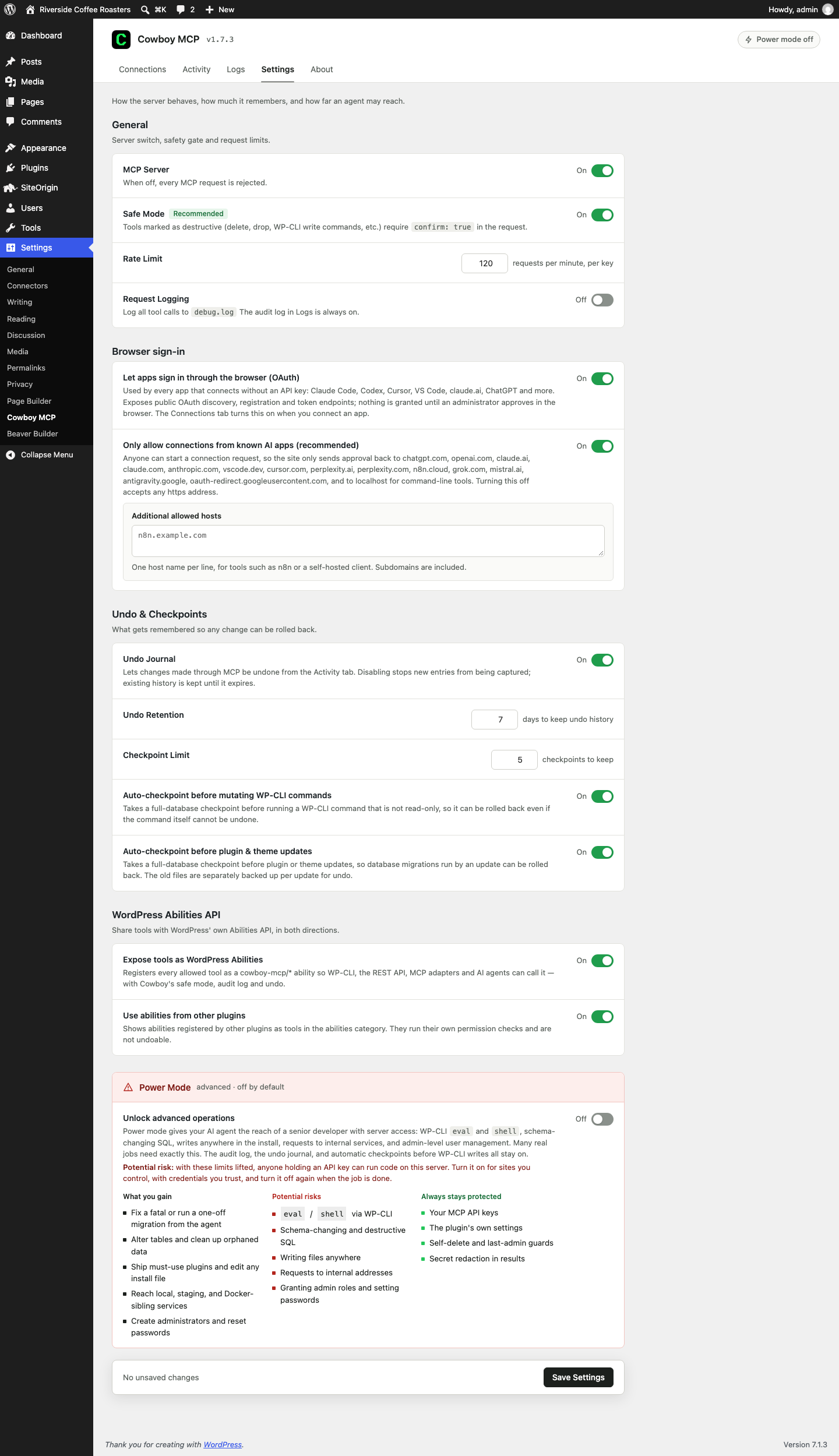 Settings tab - turn the server on or off, require Safe Mode confirmation for destructive actions, turn on Browser sign-in (OAuth) for apps that connect without a key, set a per-key rate limit, tune the undo journal and database checkpoints, and opt in to advanced Power Mode.